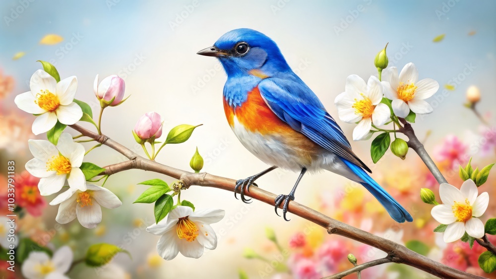 Stunning Tilt-Shift Photography of a Beautiful Blue Bird on a Twig Surrounded by Delicate Flowers, Capturing Nature's Serenity and Vibrant Colors on a White Background Stunning Tilt-Shift Photography of a Beautiful Blue Bird on a Twig Surrounded by Delicate Flowers, Capturing Nature's Serenity and Vibrant Colors on a White Background