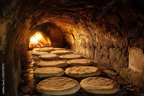 Traditional bread baking in stone ovens, with dough rising and baking to perfection in a natural oven photo