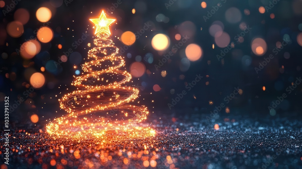 A magical and festive depiction of a Christmas tree formed by glowing, swirling lines of light, topped with a radiant star A magical and festive depiction of a Christmas tree formed by glowing, swirling lines of light, topped with a radiant star
