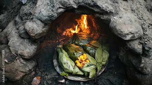 Underground oven cooking, with food wrapped in leaves and slowly roasted beneath the earth for a rich, smoky flavor photo