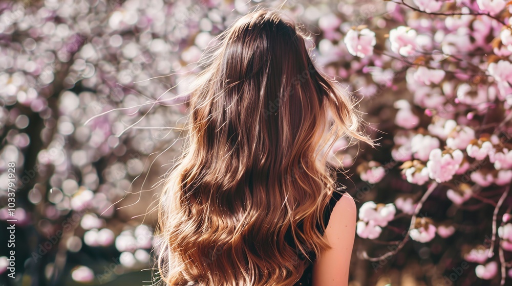 Naklejka premium Beautiful young woman with long curly blonde hair from behind holding blooming branch of sakura tree