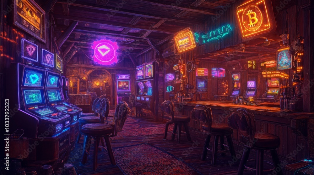 Wild West saloon transformed into futuristic crypto casino with mining rigs used as slot machines and robotic dealers Wild West saloon transformed into futuristic crypto casino with mining rigs used as slot machines and robotic dealers