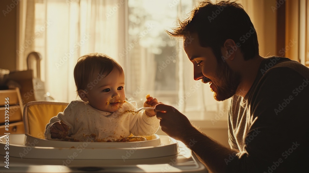 A father lovingly feeding his toddler in a high chair, with soft morning light, showcasing parental care, attention, and tenderness A father lovingly feeding his toddler in a high chair, with soft morning light, showcasing parental care, attention, and tenderness