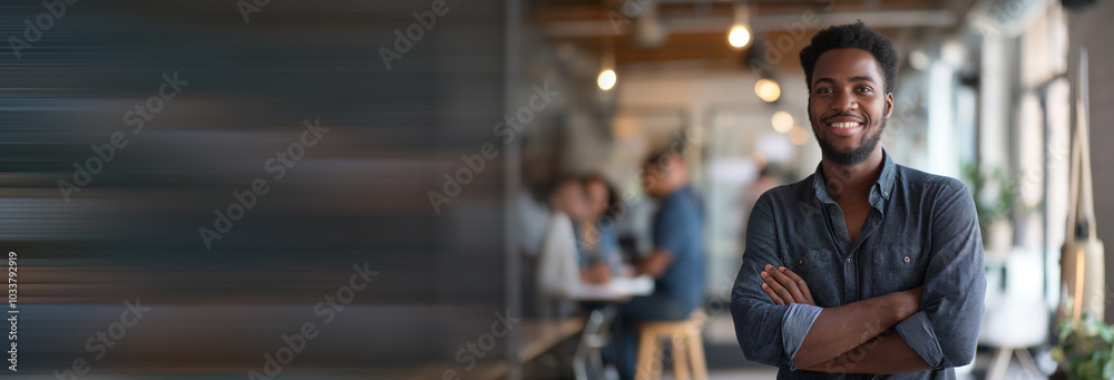Obraz premium Portrait of happy African American small business owner posing with hands folded. Millennial black male team leader smiling, looking at camera, employees working in modern office behind. Head shot -