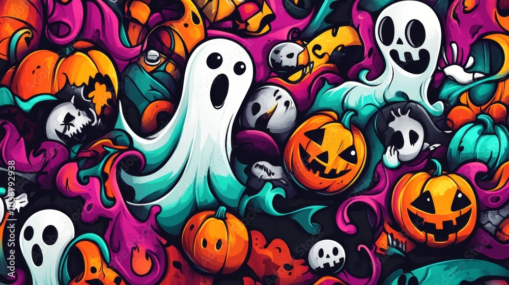 Colorful Halloween-themed Abstract Background with Ghosts, Pumpkins, Bats, and Other Spooky Creatures of Various Sizes, Shapes, and Colors. Colorful Halloween-themed Abstract Background with Ghosts, Pumpkins, Bats, and Other Spooky Creatures of Various Sizes, Shapes, and Colors.