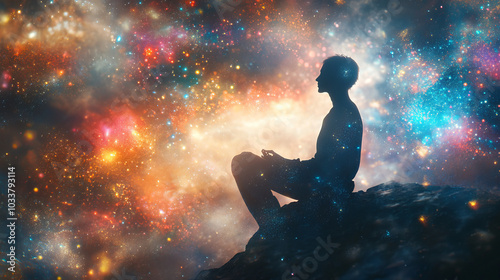 A 2D illustration depicting a dreamlike, motivational scene. The image shows a person immersed in an imaginary world, surrounded by colorful particles and surreal elements. The ethereal atmosphere evo