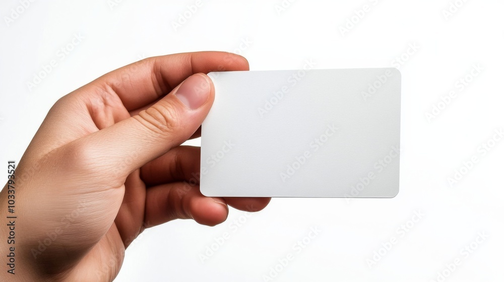 Fototapeta premium Hand holding white business card with glossy finish, isolated on white background.