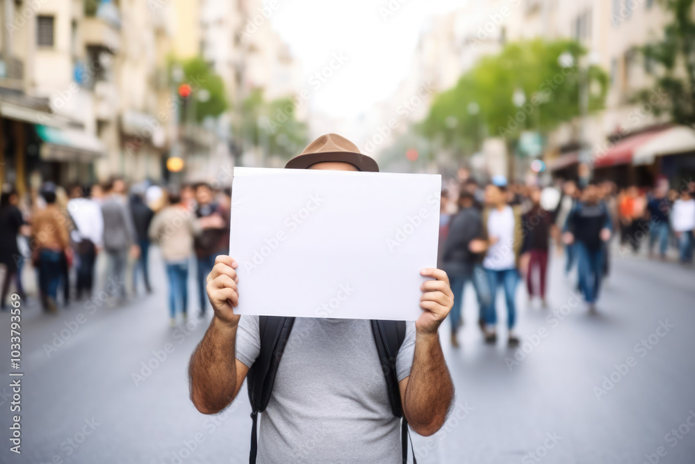A man holds a poster against the backdrop of a city street, passers-by and buildings create a dynamic atmosphere. Vibrant colors and details A man holds a poster against the backdrop of a city street, passers-by and buildings create a dynamic atmosphere. Vibrant colors and details