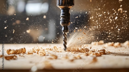 Close-up of a black cylindrical drill bit making a hole in wood, with shavings creating a dust cloud in workshop.