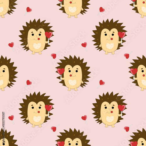 Wallpaper Mural Vector seamless pattern featuring cute hedgehogs holding heart-shaped lollipops. Playful and sweet design, perfect for children's products, Valentine's Day, gift wrapping, and fun stationery projects. Torontodigital.ca