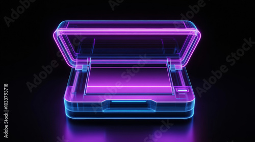 A 3D render of a techno neon purple and blue glowing outline of an open printer scanner, set against a black background. The design features a glossy reflection on the floor, enhancing the futuristic 