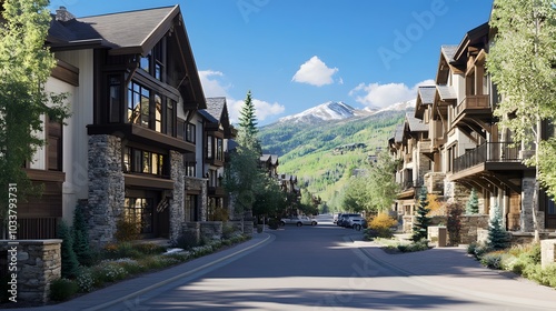 A photo of the main street in front of luxury townhouses in the mountains