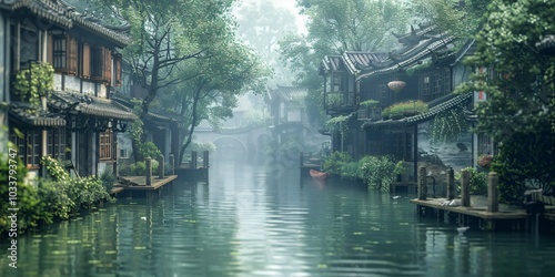 Misty Jiangnan water town illustration of Wuzhen, showcasing traditional Chinese culture under light rain. Classic scene with ancient bridges, canals, and wooden houses, capturing the serene beauty of photo