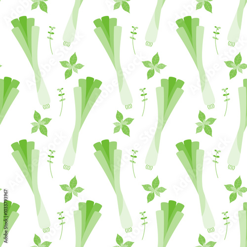 Seamless pattern of fresh green vegetables and herbs. The concept of proper nutrition. Illustration for textiles, wrapping paper, web site design for online stores.