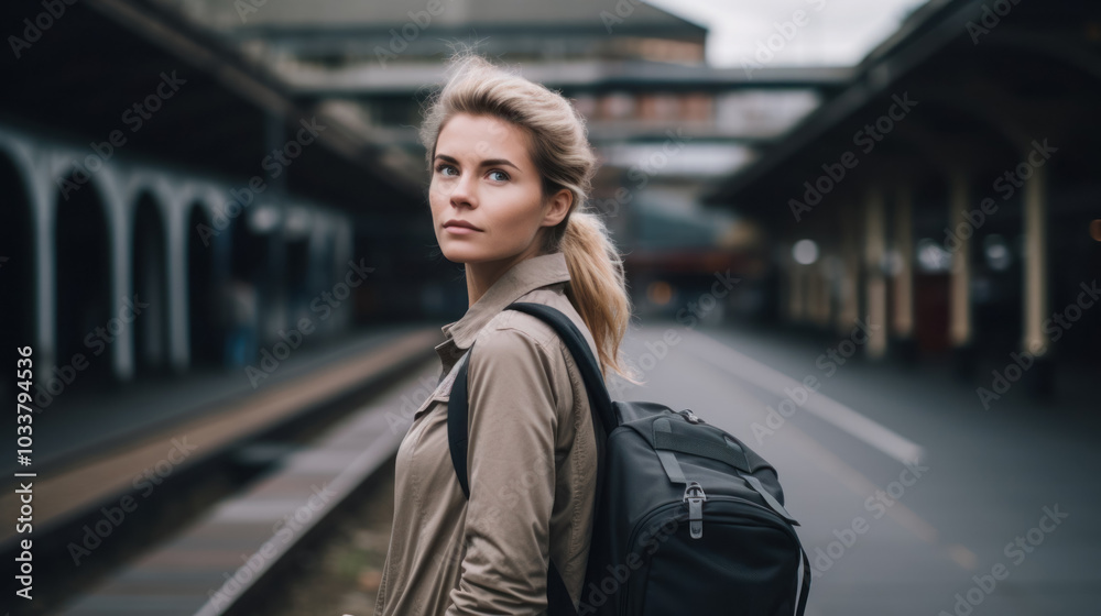 A woman with a suitcase at a train station, immersed in thoughts about the future. Bright lighting creates an atmosphere of anticipation A woman with a suitcase at a train station, immersed in thoughts about the future. Bright lighting creates an atmosphere of anticipation