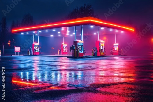 Empty gas station illuminated by neon lights on a rainy night photo