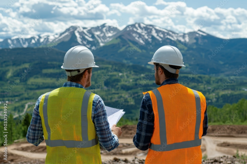 Naklejka premium Construction Workers Overlooking Mountain Landscape
