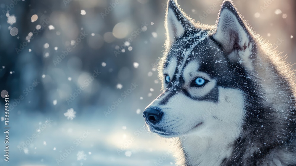 portrait of a Siberian husky with intense blue eyes, its fur coated in snowflakes The background features a soft, portrait of a Siberian husky with intense blue eyes, its fur coated in snowflakes The background features a soft,
