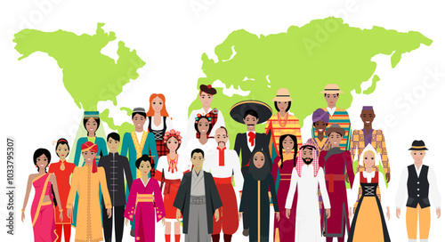 Group of people in traditional dress before a world map representing global cultural diversity. For cultural diversity, global unity, tradition, multiculturalism, cultural representation, world
