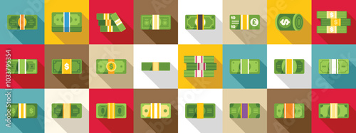 Money bundle icons set. Large set of bundles of cash in various currencies lying down with long shadows on a colorful background