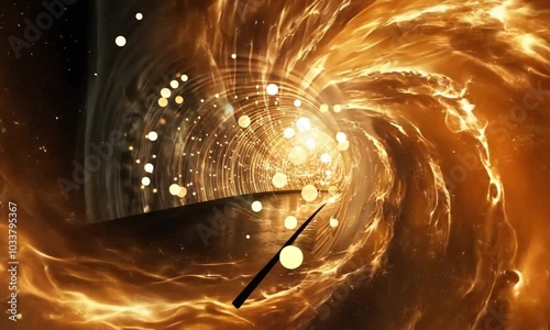 A spiral of golden light on the background of space, which turns into a tunnel.