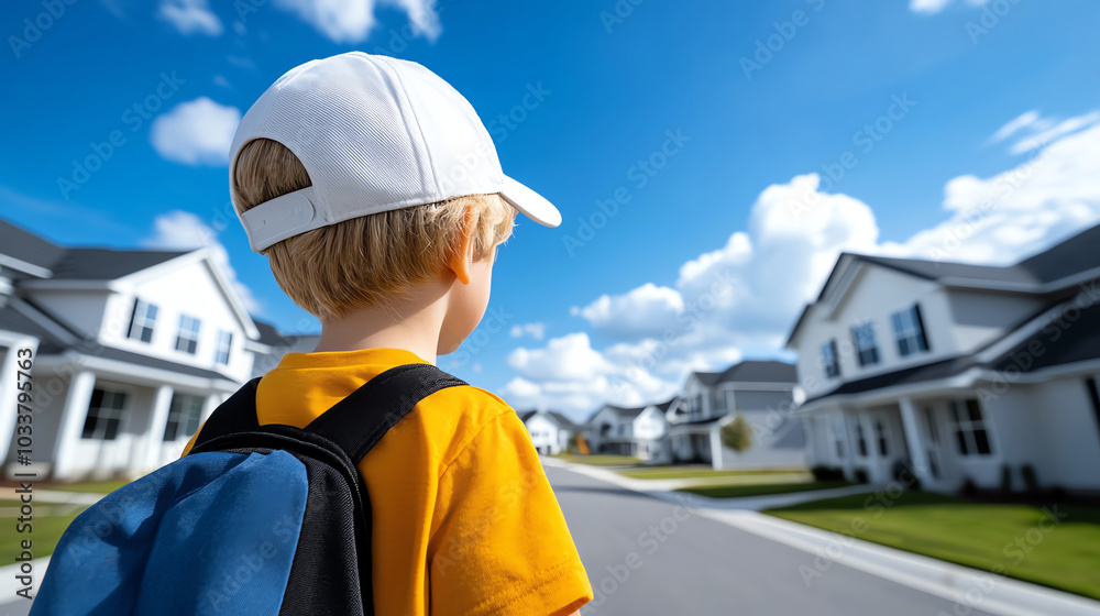Child walking down a sunny neighborhood street, wearing a backpack and cap.