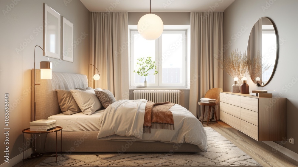 Fototapeta premium A cozy modern Scandinavian bedroom featuring a double bed with a sleek headboard, bedside tables