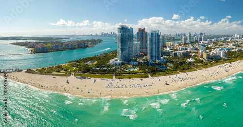 Popular vacation spot in the United States. Ocean warm waters and sandy beachfront at Miami Beach in Florida, USA. American travel destination