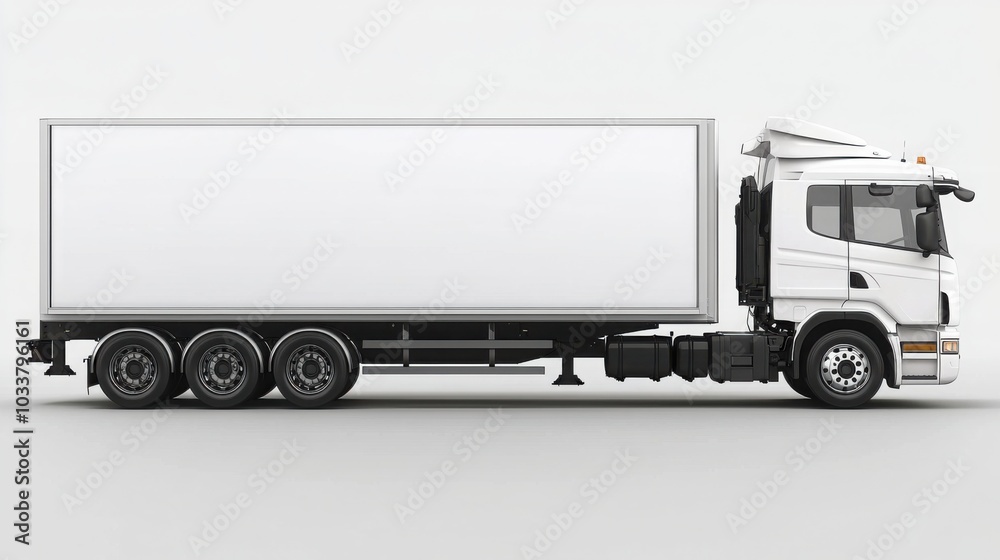 Sleek trailer truck with minimalist white billboard offers prime branding opportunities against clean background. Sleek trailer truck with minimalist white billboard offers prime branding opportunities against clean background.