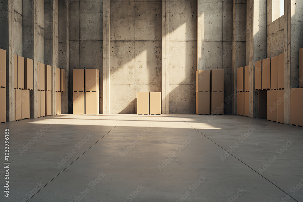 Industrial warehouse, stacked inventory, space-saving layout, 3D illustration Industrial warehouse, stacked inventory, space-saving layout, 3D illustration