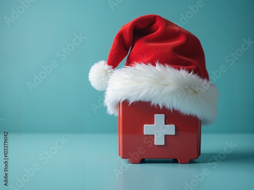 Wallpaper Mural Red first aid kit wearing santa hat on turquoise background Torontodigital.ca