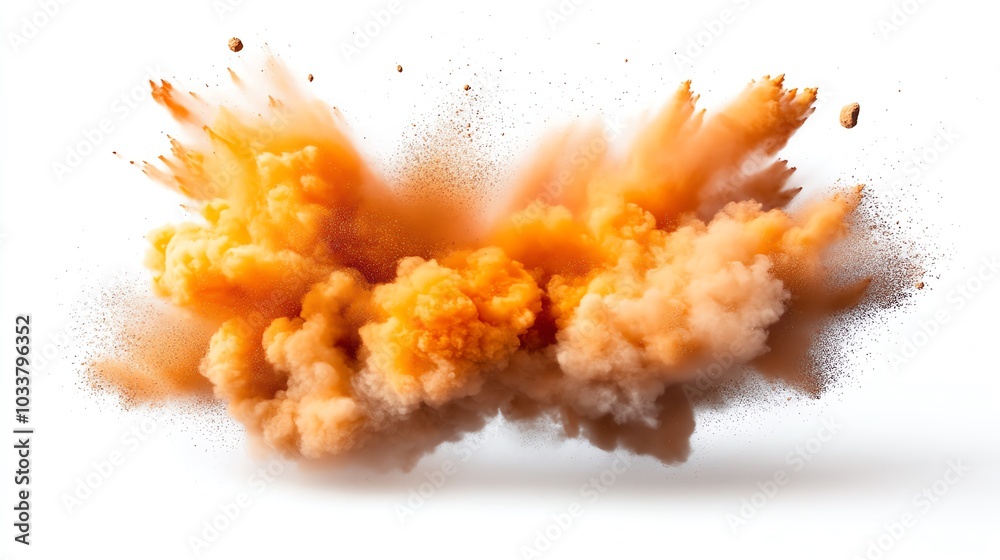 Dynamic explosion of orange dust on a white isolate background. Dynamic explosion of orange dust on a white isolate background.