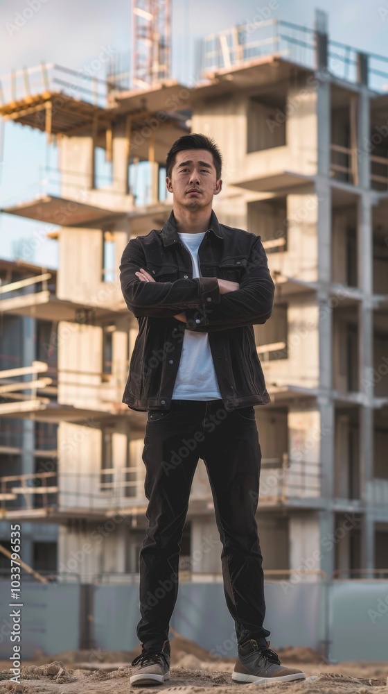 A man in a black jacket and black pants stands in front of a building A man in a black jacket and black pants stands in front of a building
