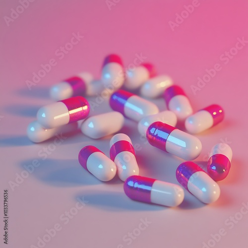 A collection of colorful capsules scattered on a surface.