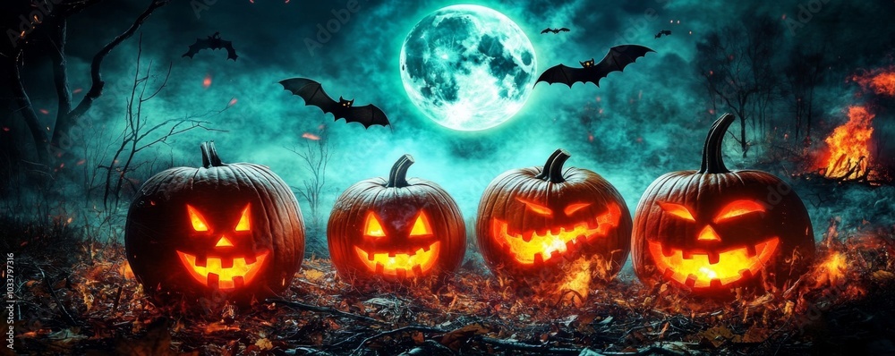 Halloween scene with jack-o-lanterns, bats, and a spooky atmosphere under the full moon, with a burning fire in background. Halloween scene with jack-o-lanterns, bats, and a spooky atmosphere under the full moon, with a burning fire in background.