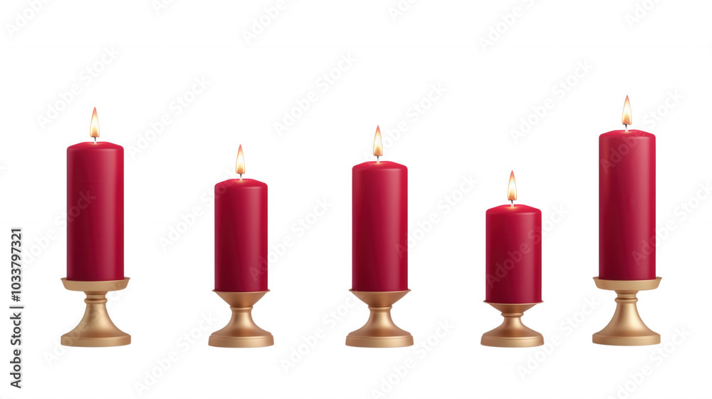 Set of five red candles in different heights on golden holders, ideal for festive decor and ambiance isolated on transparent background