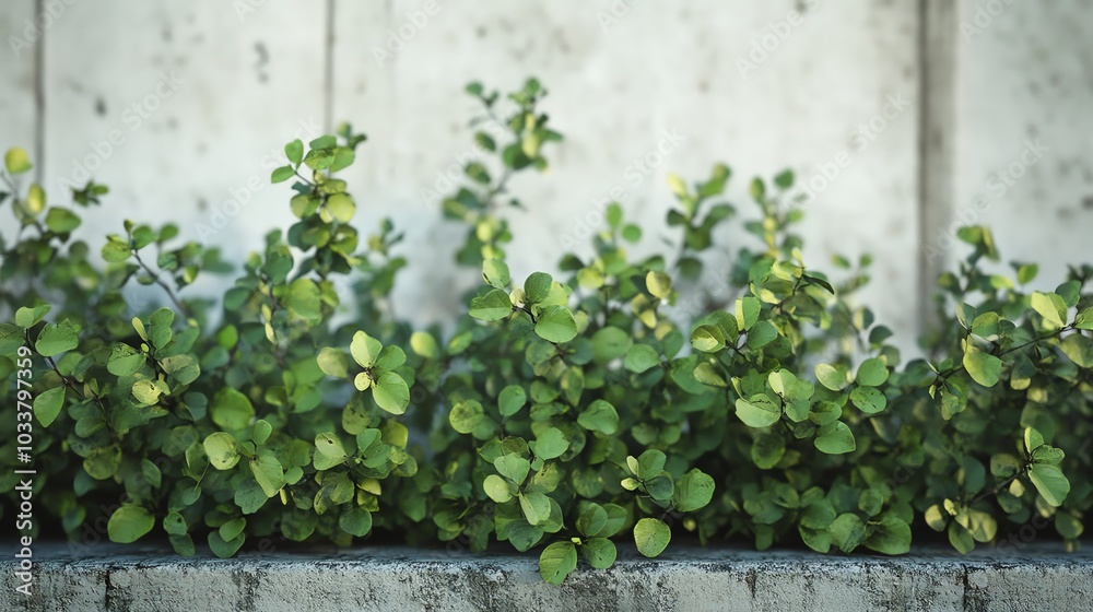Closeup of a small forest growing along a city highway, leaves contrasting with the concrete, white background