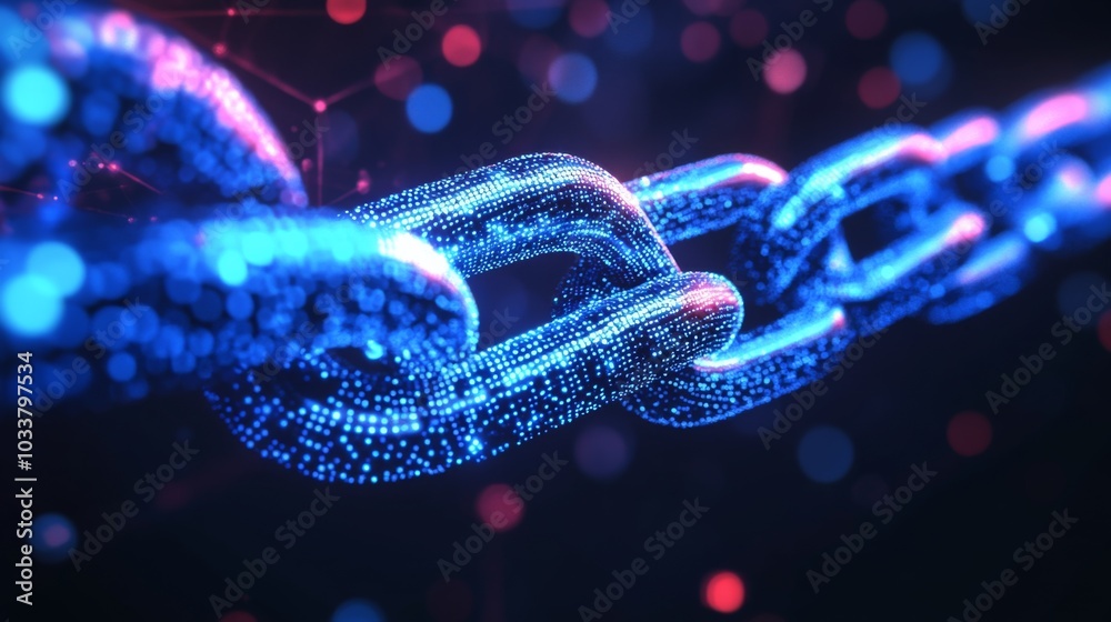 Close-up Metal Chain with Small Blue Dots in Circular Pattern on Dark Background with Futuristic Red Accents Close-up Metal Chain with Small Blue Dots in Circular Pattern on Dark Background with Futuristic Red Accents