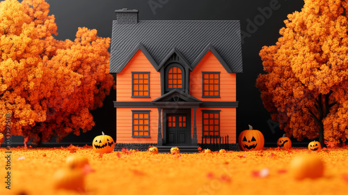 A 3D illustration of a house designed in a bold black and orange color scheme, evoking a spooky Halloween theme. The house itself might have gothic or whimsical architectural details, such as pointed  photo