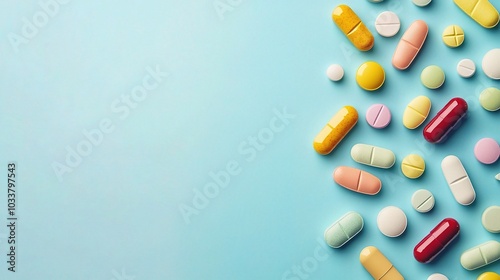 Colorful Collection of Various Pills on Blue Background