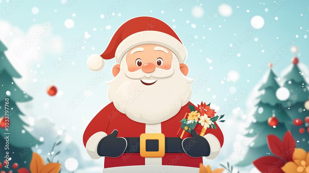 Jolly Santa Claus holding gift with snowy background and festive decorations