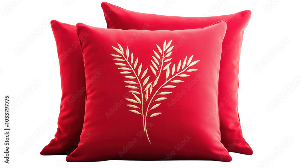 Three decorative red pillows with elegant leaf pattern isolated on transparent background Three decorative red pillows with elegant leaf pattern isolated on transparent background