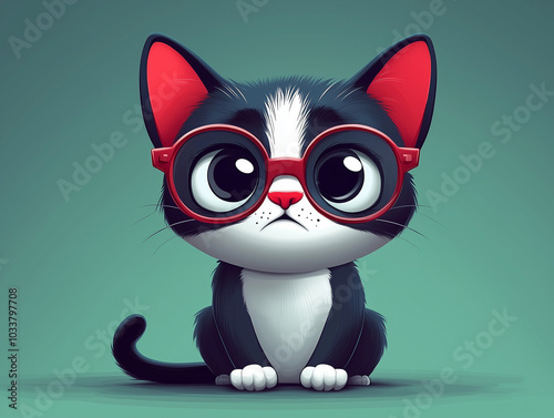 Adorable black and white cat character with big glasses sitting on teal background