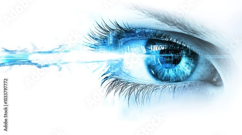 view of a human eye illuminated by a vibrant blue digital cyber light beam