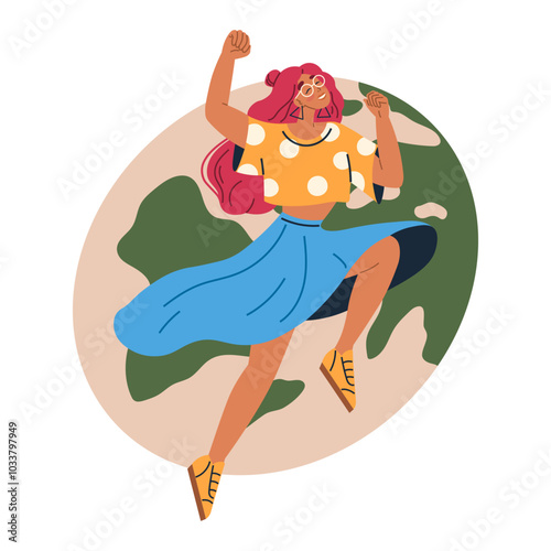 A woman is jumping joyfully with fists raised above an earth backdrop. She is wearing sunglasses, a polka dot top, and a blue skirt. Ideal for celebration, freedom, adventure, travel, empowerment