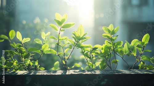 Closeup of tiny trees growing on a city rooftop, sunlight filtering through leaves, white background photo