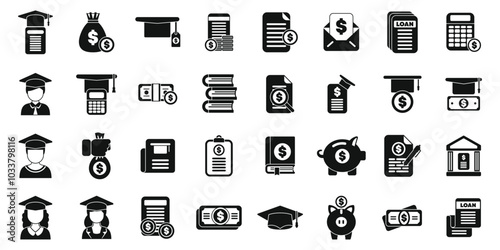Student loan icons set. This set of icons depicts the financial aspects of higher education, including tuition fees, student loans, scholarships, and saving money