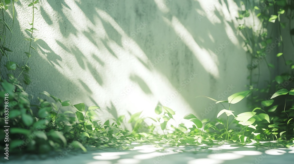 Tiny forest growing in an urban courtyard, closeup of leaves and sunlight streaming through, white background Tiny forest growing in an urban courtyard, closeup of leaves and sunlight streaming through, white background