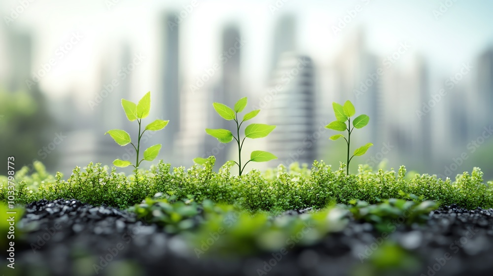 Tiny forest growing in the shadow of urban skyscrapers, closeup of green leaves, white background Tiny forest growing in the shadow of urban skyscrapers, closeup of green leaves, white background