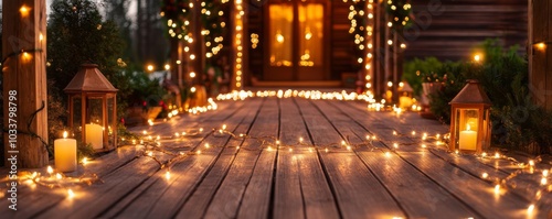 Lanterns with burning candles are standing on a wooden porch decorated with glowing string lights. The blurred background creates a magical festive atmosphere